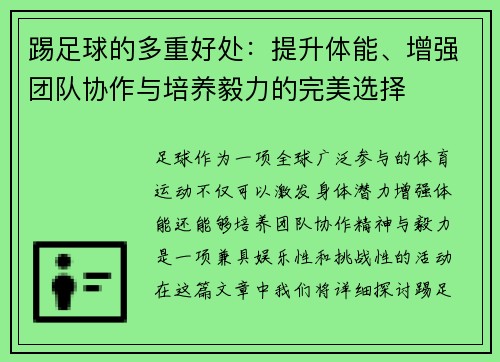 踢足球的多重好处：提升体能、增强团队协作与培养毅力的完美选择