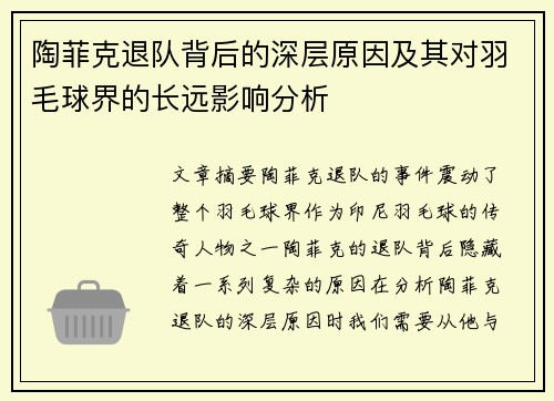陶菲克退队背后的深层原因及其对羽毛球界的长远影响分析