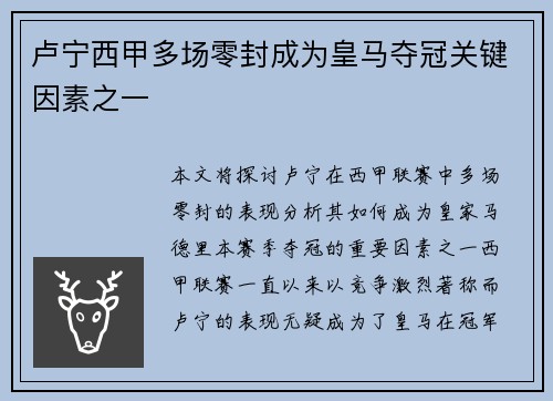 卢宁西甲多场零封成为皇马夺冠关键因素之一